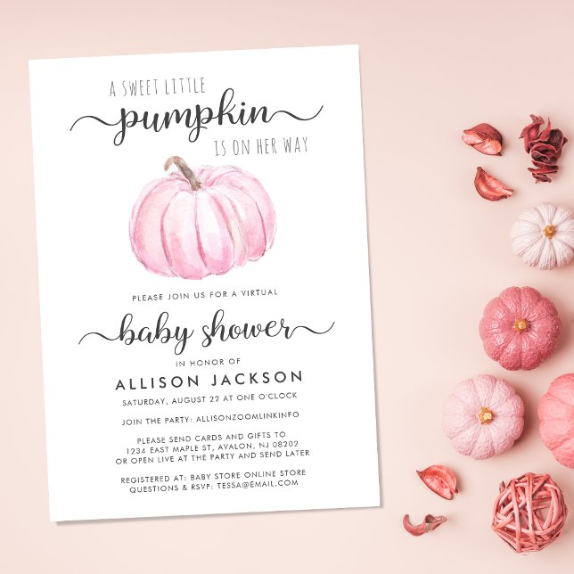 Virtual Baby Girl Dusche Pink Pumpkin Wasserfarbe Einladung (Celebrate the upcoming arrival of your sweet autumn baby with a pumpkin-themed virtual baby shower)