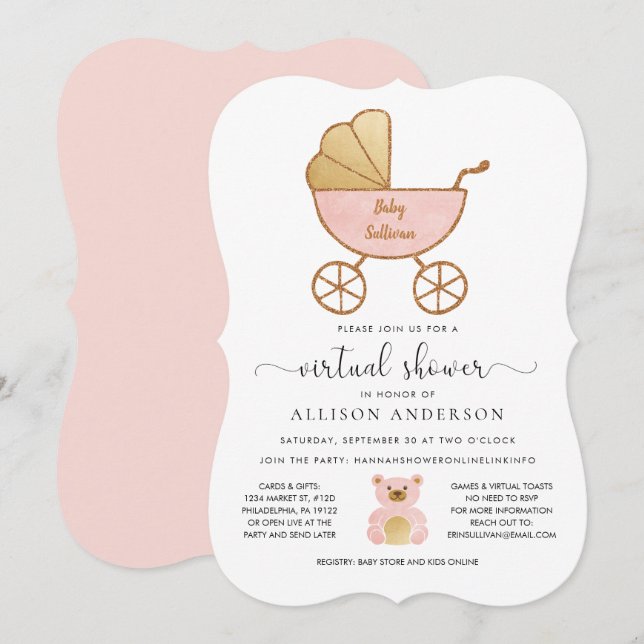 Virtual Baby Girl Dusche Retro Carriage Pink Gold Einladung (Vorne/Hinten)