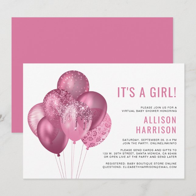 Virtual Baby Girl Dusche Rosa Glitzer Balloons Einladung (Vorne/Hinten)