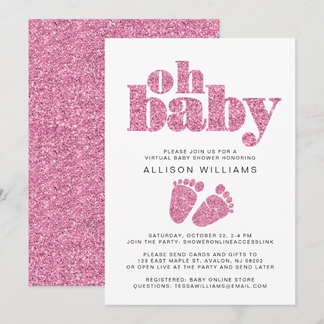 Virtual Baby Girl Dusche Rosa Glitzer Einladung (Vorne/Hinten)