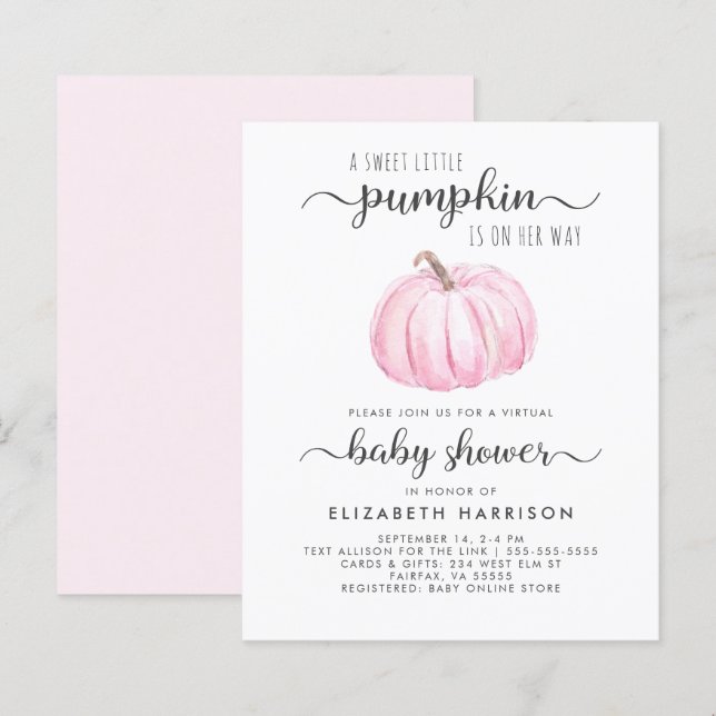 Virtual Baby Girl Duwer Pink Pumpkin Einladung (Vorne/Hinten)