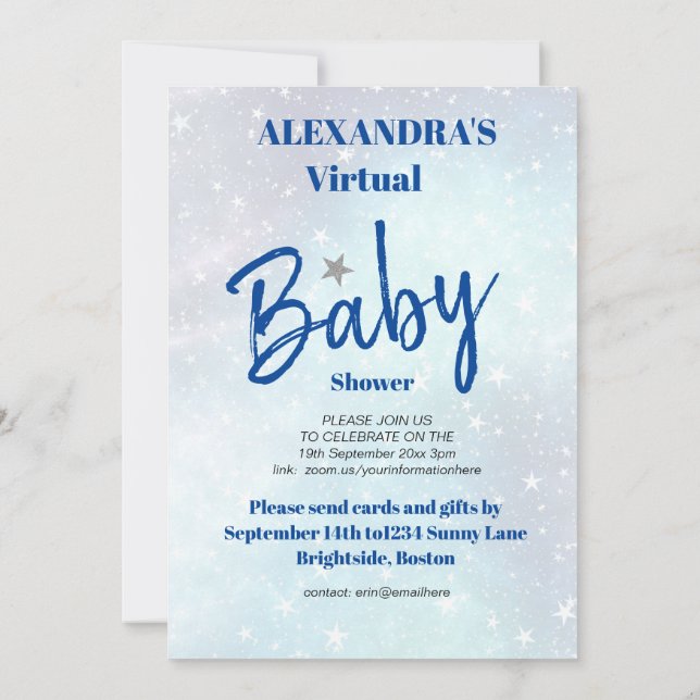 Virtual Baby Shower Boy Blue Modern Star ist Gebor Einladung (Rückseite)