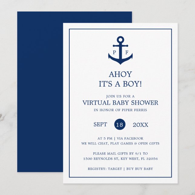Virtual Baby Shower Boy Nautical Anchor Monogram Einladung (Vorne/Hinten)