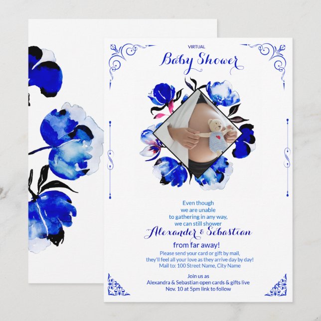 Virtual Baby Shower Editable Foto Einladung (Vorne/Hinten)