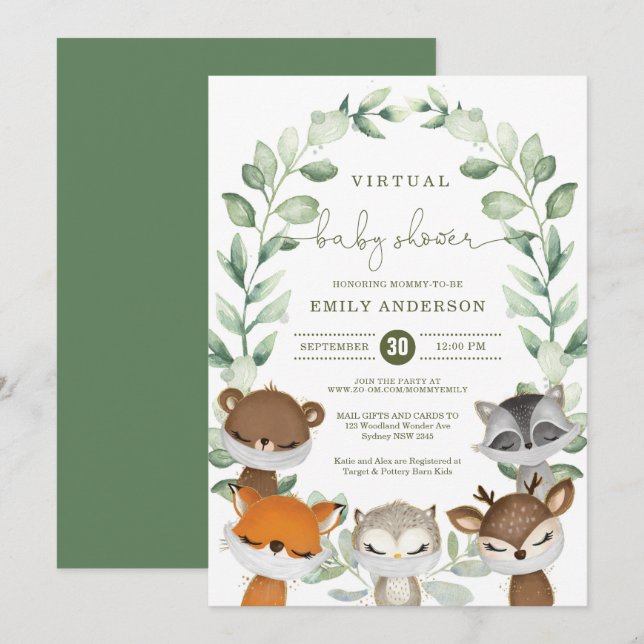 Virtual Baby Shower Quarantine Woodland Animals Einladung (Vorne/Hinten)