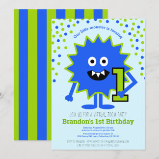 Virtual Blue Niedlich Little Monster Boy 1. Geburt Einladung
