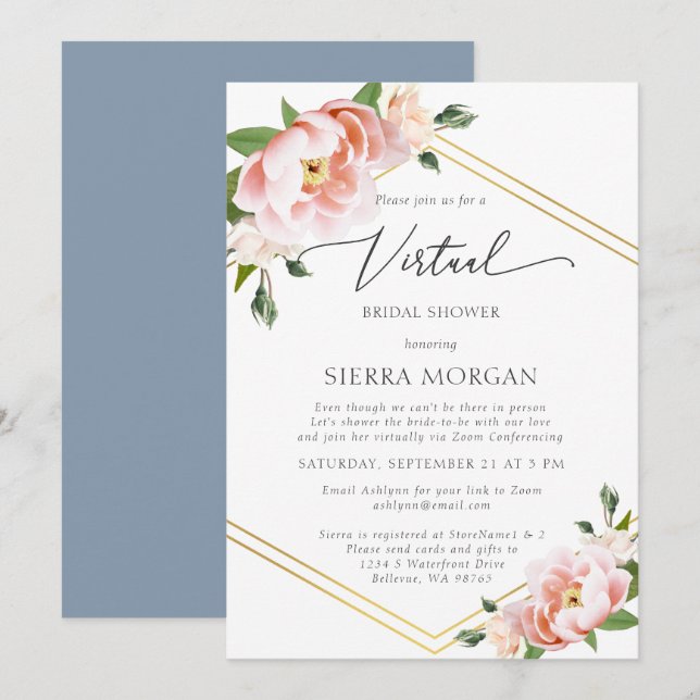 Virtual Blush Floral Gold Dusty Blue Brautparty Einladung (Vorne/Hinten)