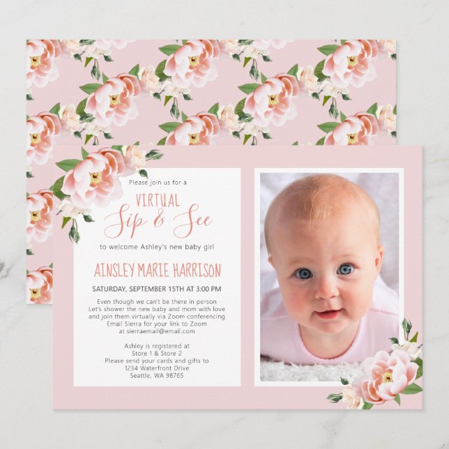 Virtual Blush Pink Foto Baby Girl Dusche Einladung (Vorne/Hinten)