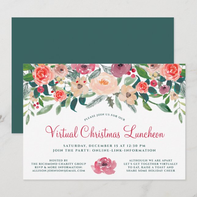Virtual Christmas Luncheon Winter Florals Einladung (Vorne/Hinten)