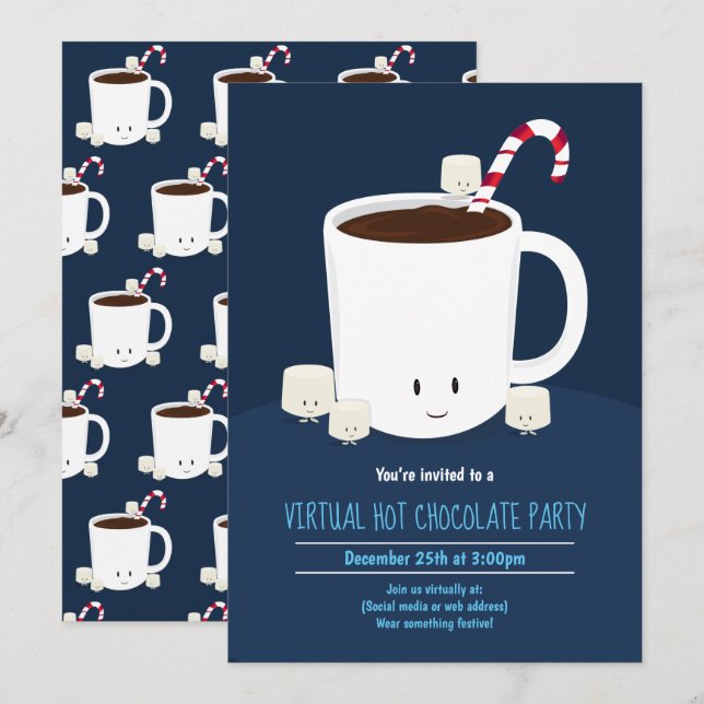 Virtual Christmas Party Hot Chocolate Blue Einladung (Vorne/Hinten)