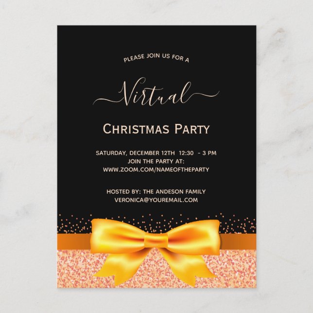 Virtual Christmas Party Rose Gold Schwarze Einladu Postkarte (Vorderseite)