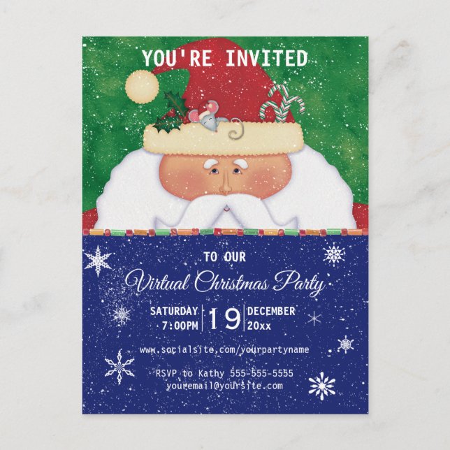 Virtual Christmas Party Santa mit Maus Urlaub Einladungspostkarte (Vorderseite)