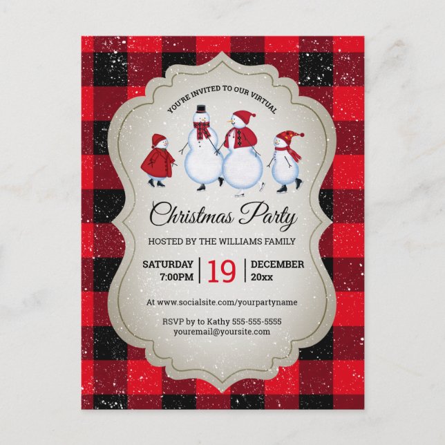 Virtual Christmas Party Snowman Red Buffalo Karier Einladungspostkarte (Vorderseite)