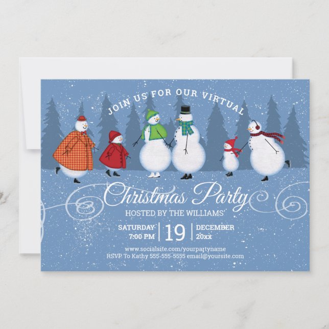 Virtual Christmas Party Snowman Skaten Pine Trees Einladung (Vorderseite)