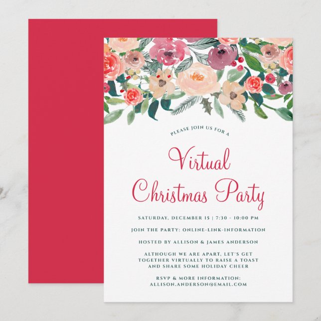 Virtual Christmas Party Winter Florals Grüne Einladung (Vorne/Hinten)