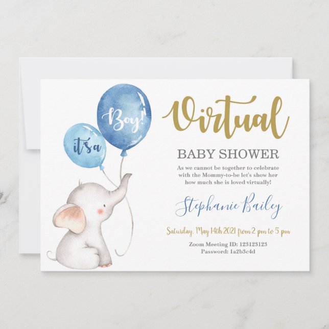 Virtual Elefant Baby Shower Junge Einladung (Vorderseite)