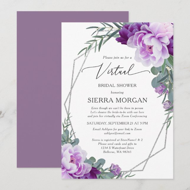 Virtual Elegant Silver Lila florales Brautparty Einladung (Vorne/Hinten)