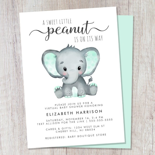 Virtual Elephant Mint Green Baby Dusche Einladung (Cute gender-neutral virtual baby shower invitation)