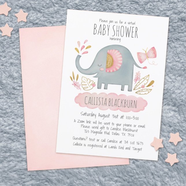 Virtual Elephant Niedlich Blush Pink Girl Babydusc Einladung (Von Creator hochgeladen)