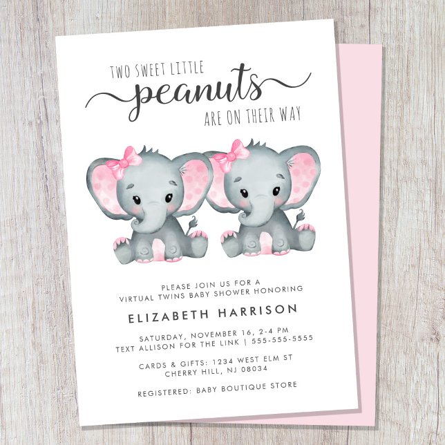 Virtual Elephant Twin Girls Baby Dusche Einladung (Cute twin girls virtual baby shower invitation)