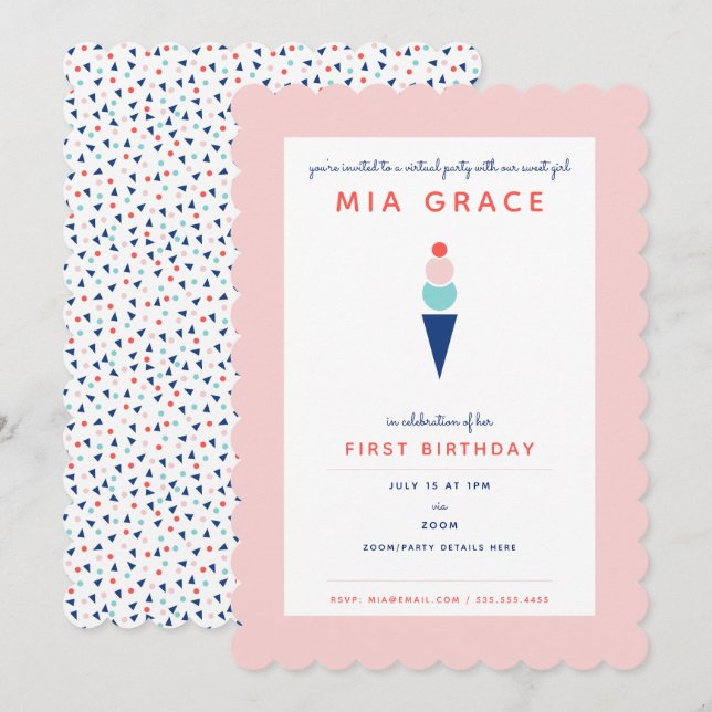 Virtual First Birthday Ice Cream Zoom Party Einladung (Vorne/Hinten)