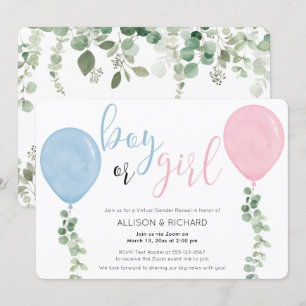 Virtual Gender Reveal blauen rosa Ballons Grün Einladung