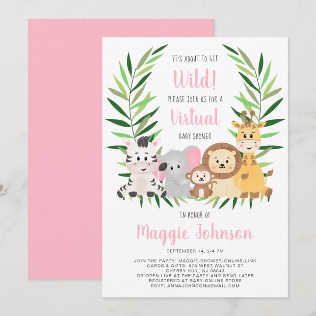 Virtual Get Wild Safari Pink Baby Girl Dusche Einladung (Vorne/Hinten)