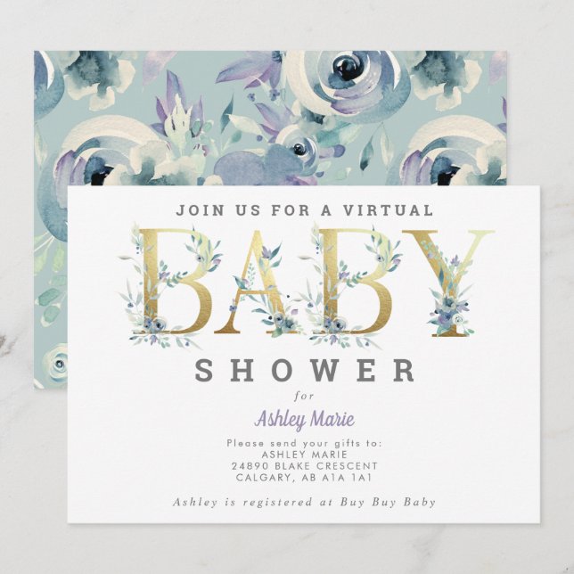 Virtual Long-Distance Blue Flowers Baby Dusche Einladung (Vorne/Hinten)