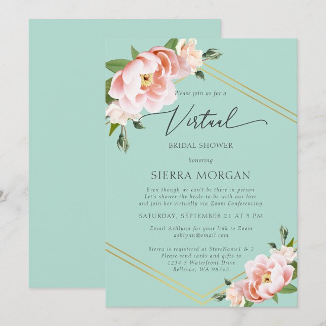 Virtual Mint Green Blush Floral Gold Brautparty Einladung (Vorne/Hinten)