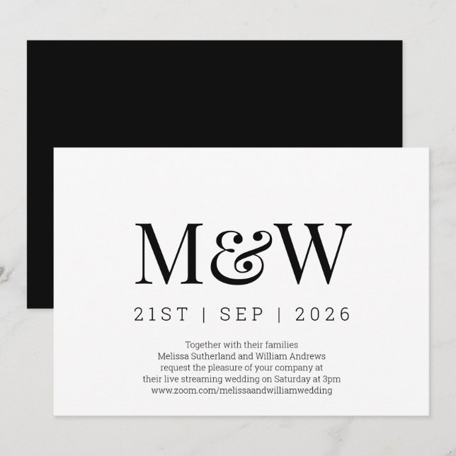 Virtual Modern Schwarz-weiße Monogram Wedding Einladung (Vorne/Hinten)