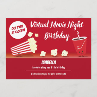 Virtual Movie Night Geburtstag Popcorn Cartoon Einladung