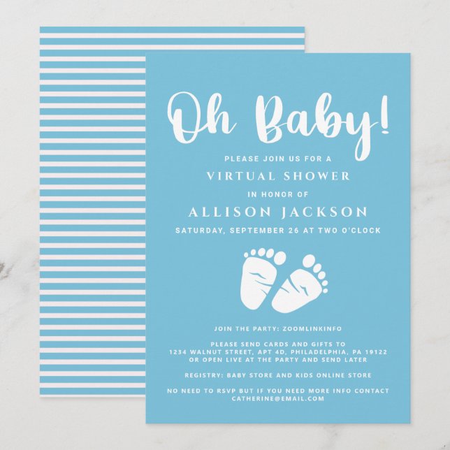 Virtual Oh Baby Boy Dusche Baby Feet Blue White Einladung (Vorne/Hinten)