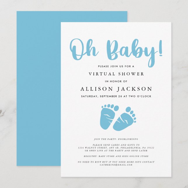 Virtual Oh Baby Boy Dusche | Blue Baby Feet Simple Einladung (Vorne/Hinten)