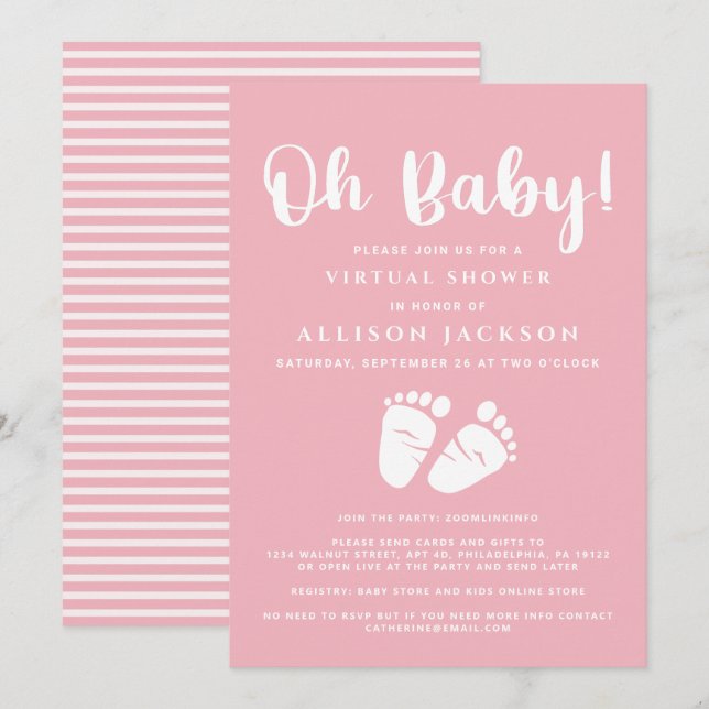 Virtual Oh Baby Girl Dusche Baby Feed Rosa Weiß Einladung (Vorne/Hinten)