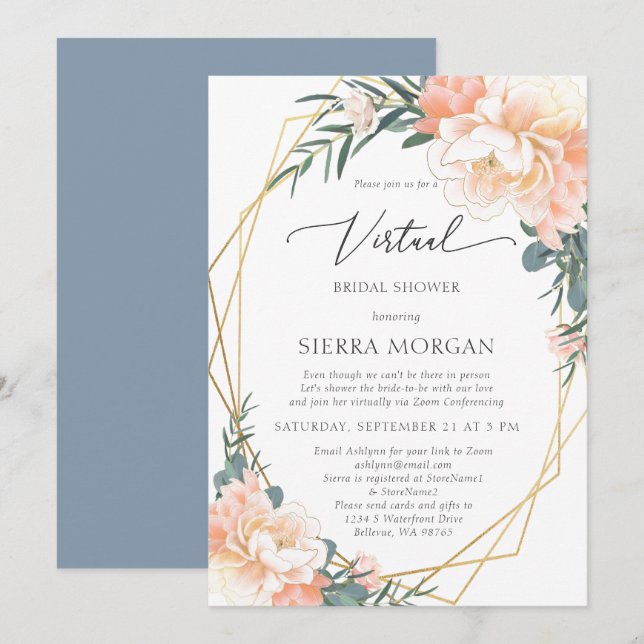 Virtual Peach Floral Gold Dusty Blue Brautparty Einladung (Vorne/Hinten)