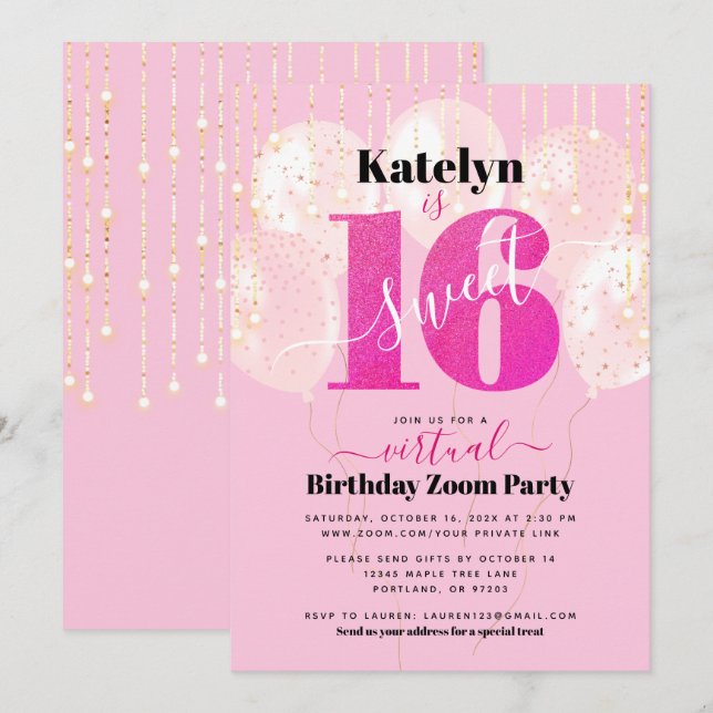 Virtual Pink Glitzer Sweet 16 Birthday Balloons Einladung (Vorne/Hinten)