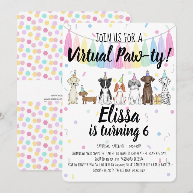 Virtual Puppy Dog Girl Birthday Pawty Einladung (Vorne/Hinten)