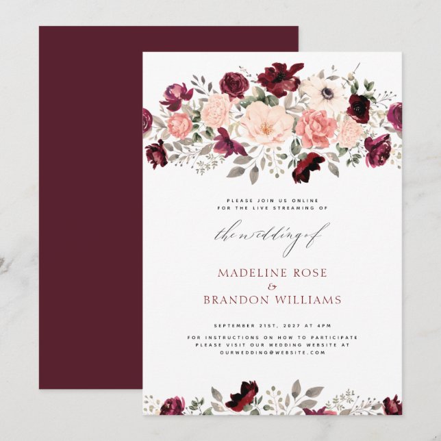 Virtual Rustic Burgundy Blush Floral Wedding Einladung (Vorne/Hinten)