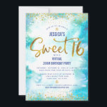 Virtual Sweet 16 Blue Watercolor Gold Geburtstag Einladung<br><div class="desc">Hier ist eine tolle Möglichkeit, Ihre Tochter noch in der Lage zu sein, ihren Meilenstein Geburtstag mit all ihren Freunden zu feiern. Versenden Sie diese atemberaubende, moderne, personalisierte virtuelle Online-Party Einladung für eine Veranstaltung, an die Sie sich erinnern können. Funkelnd Goldfolie und winzige Konfetti-Glitzer-Punkte und Typografie-Skript überlagern einen türkisfarbenen Aquarellhintergrund....</div>