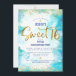 Virtual Sweet 16 Blue Watercolor Gold Geburtstag Einladung<br><div class="desc">Hier ist eine tolle Möglichkeit, Ihre Tochter noch in der Lage zu sein, ihren Meilenstein Geburtstag mit all ihren Freunden zu feiern. Versenden Sie diese atemberaubende, moderne, personalisierte virtuelle Online-Party Einladung für eine Veranstaltung, an die Sie sich erinnern können. Funkelnd Goldfolie und winzige Konfetti-Glitzer-Punkte und Typografie-Skript überlagern einen türkisfarbenen Aquarellhintergrund....</div>