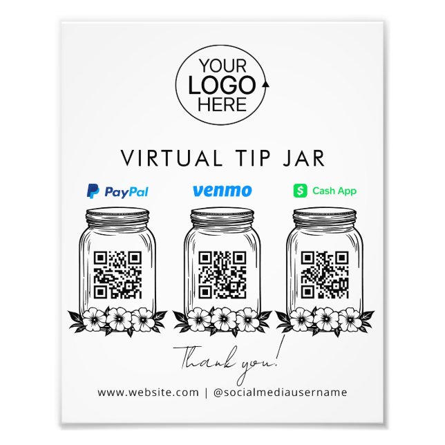 Virtual Tip Jar Logo PayPal Venmo Cash App QR Code Fotodruck (Vorne)