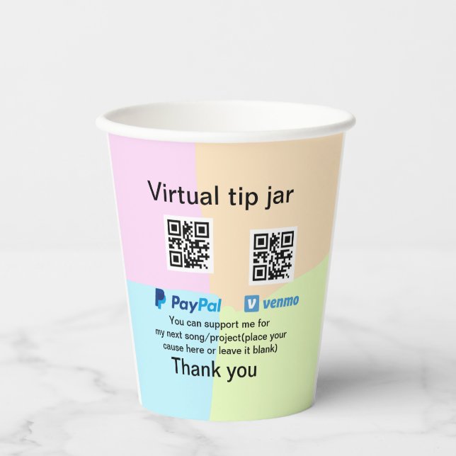 Virtual tip jar q oder Code-Geld-Spende PayPal ven Pappbecher (Vorderseite)