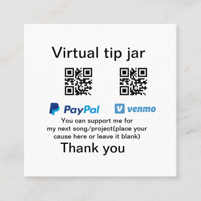 Virtual tip jar q oder Code-Geld-Spende PayPal ven Quadratische Visitenkarte (Vorderseite)