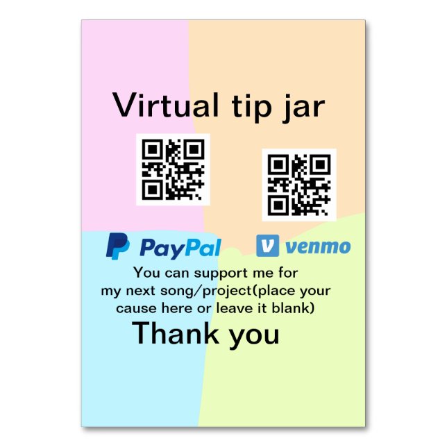 Virtual tip jar q oder Code-Geld-Spende PayPal ven Tischnummer (Vorderseite)