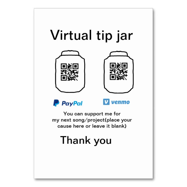 Virtual tip jar q oder Code-Geld-Spende PayPal ven Tischnummer (Vorderseite)
