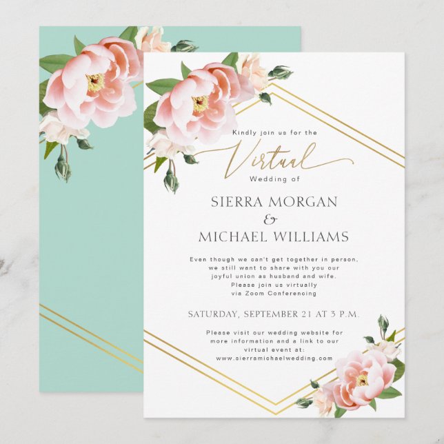 Virtual Wedding Blush Peony Floral Gold Minze Gree Einladung (Vorne/Hinten)