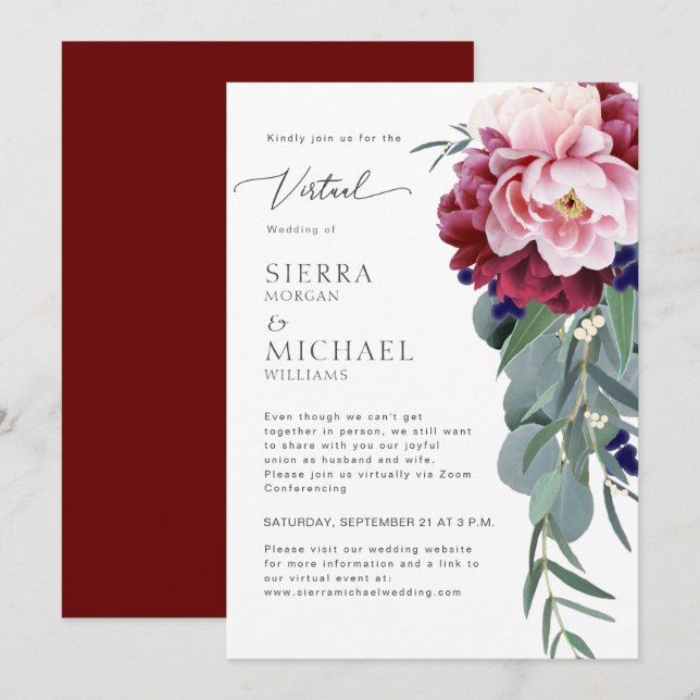Virtual Wedding Blush Pink Burgundy Bloral Foliage Einladung (Vorne/Hinten)