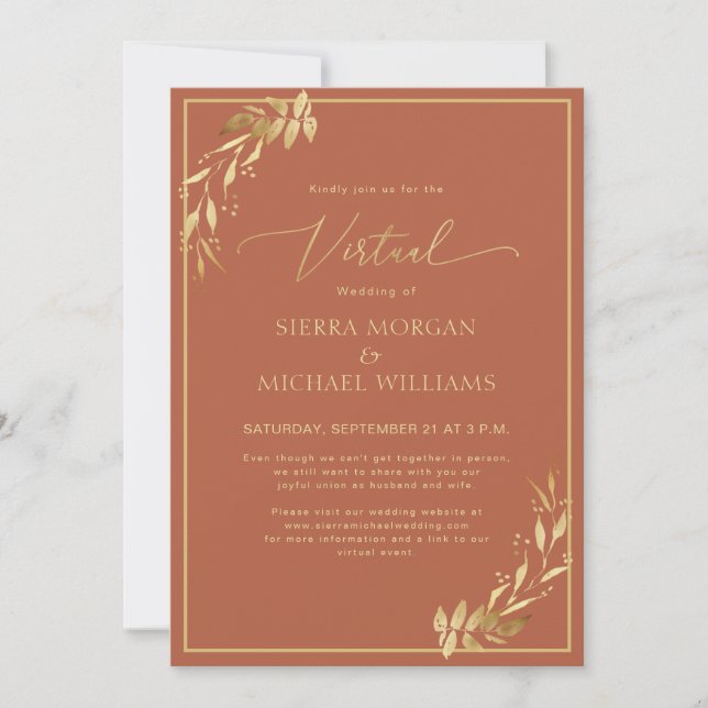 Virtual Wedding Chic Gold Foliage Terracotta Rost Einladung (Vorderseite)