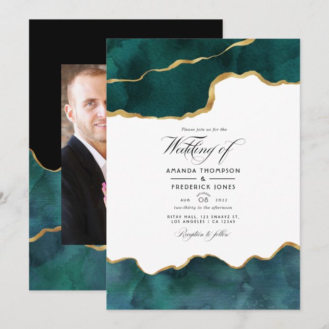 Virtual Wedding-Foto für aquamarine und Gold Geode Einladung (Vorne/Hinten)