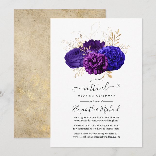 Virtual Wedding lila, Royal Blue und Gold Floral Einladung (Vorne/Hinten)